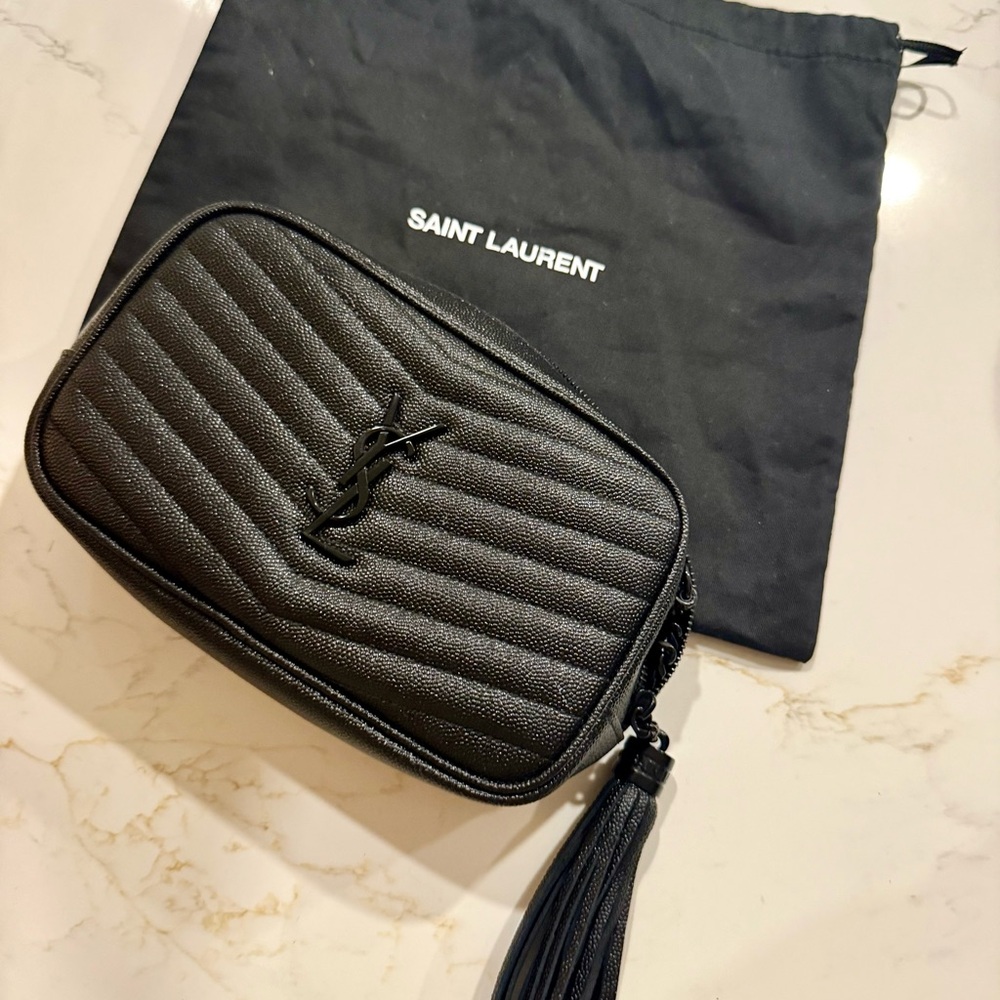 Saint Laurent Mini Lou camera bag in black chevron-quilted (YSL)